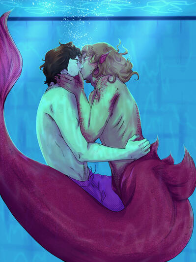Fantasy fanart depicting a merman and his love interest.